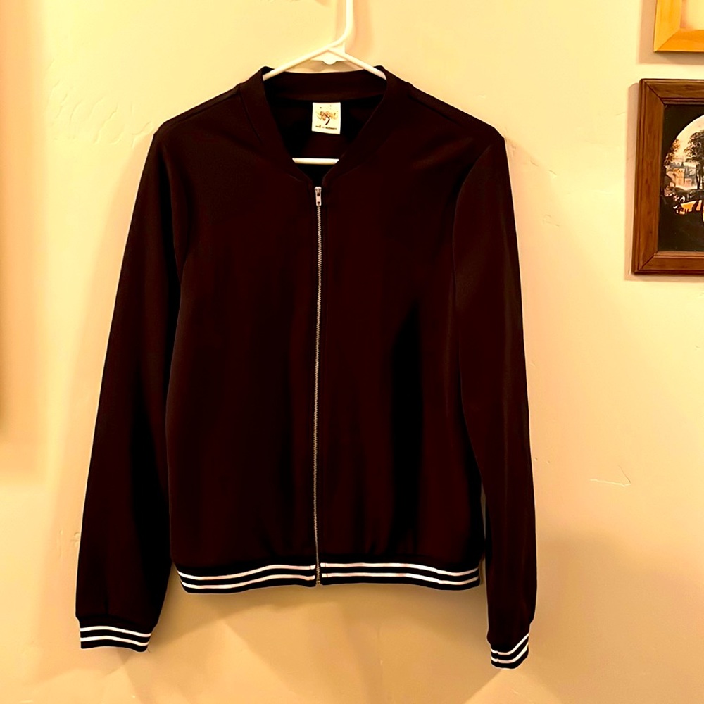 Women’s Long Sleeved Jacket, Black W/ Red and White Stripes around Cuffs & Hem
